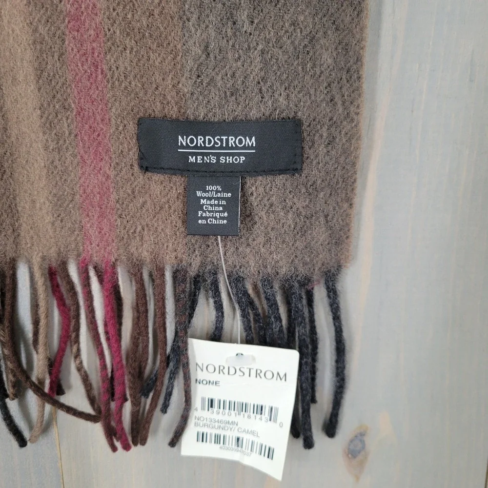 Nordstrom 100% Wool Scarf Mens Burgundy Camel Plaid Wool Fringe Winter Accessory